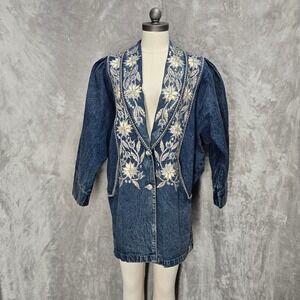 Vintage American Classic Western Denim Floral Embroidered Beaded Blazer Jacket M